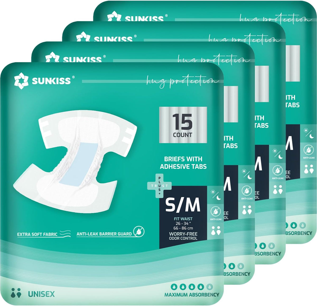 SUNKISS TrustPlus Adult Diapers with Maximum Absorbency, Disposable Incontinence Briefs with Tabs