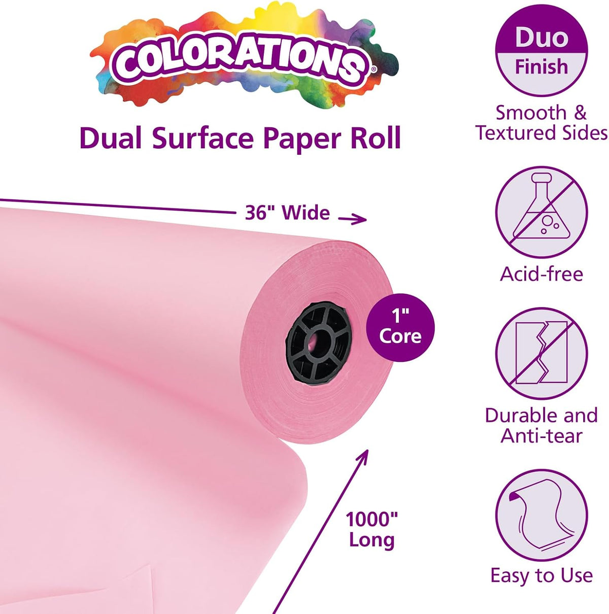 Colorations Arts and Crafts Paper Roll - 36" x 1000', Pink, Dual Surface, Markers, Finger Paints