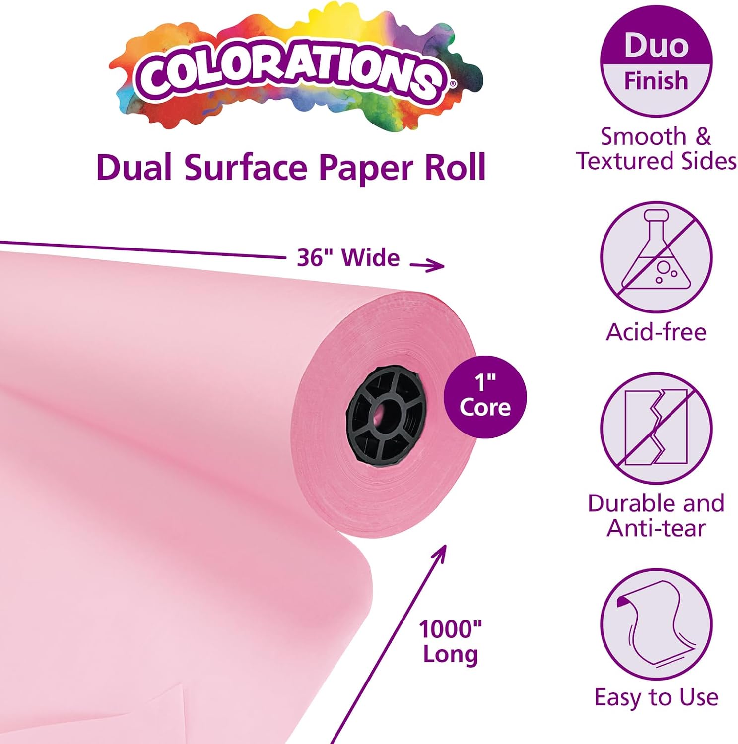 Colorations Arts and Crafts Paper Roll - 36" x 1000', Pink, Dual Surface, Markers, Finger Paints
