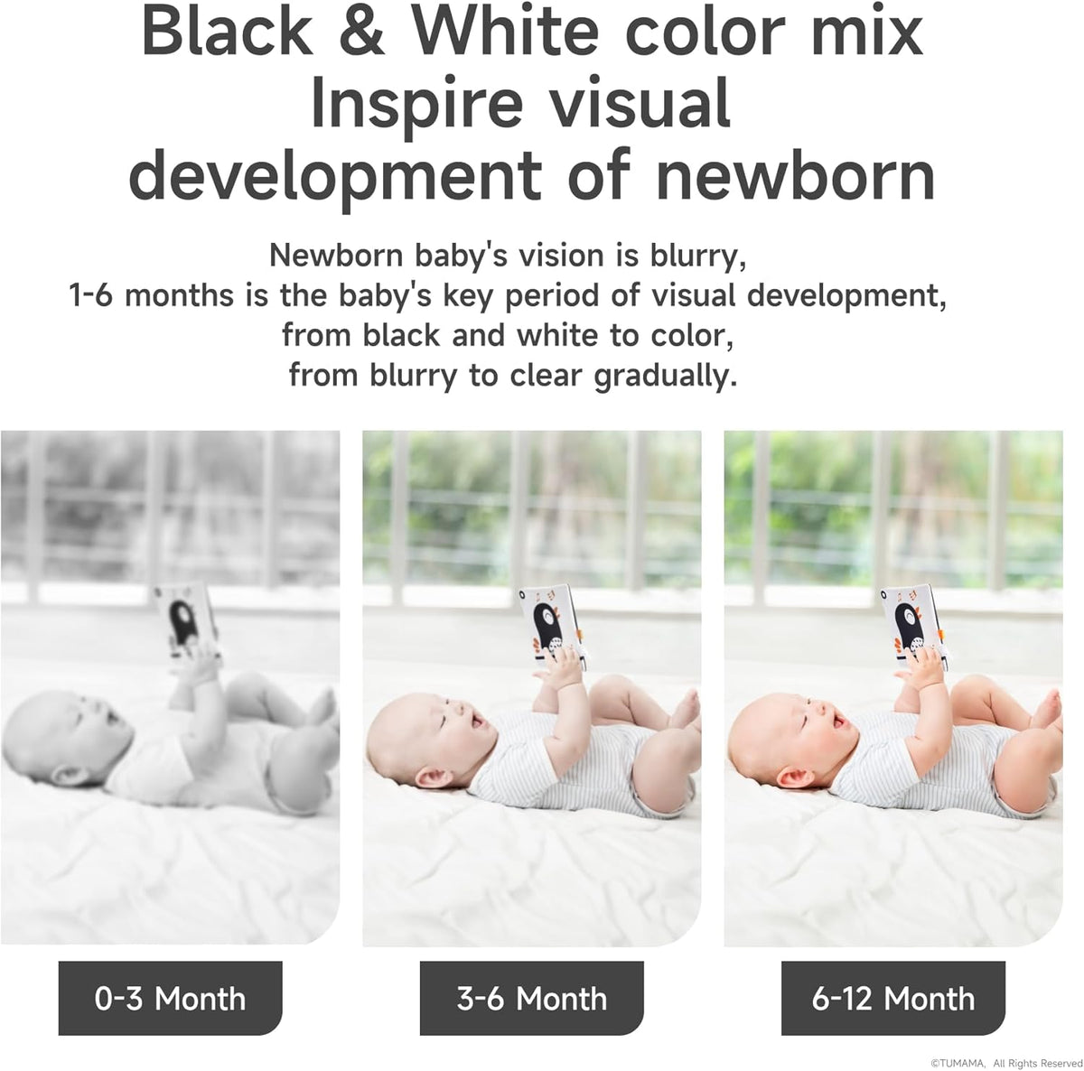 TUMAMA Black and White Baby Toys, High Contrast Tummy Time, Newborn Soft Books Mirror Rattles