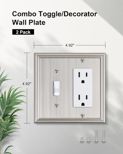 2-Pack Combo Toggle/Decorator Light Switch Cover Plate, Brushed Nickel Decorative Electrical Outlet