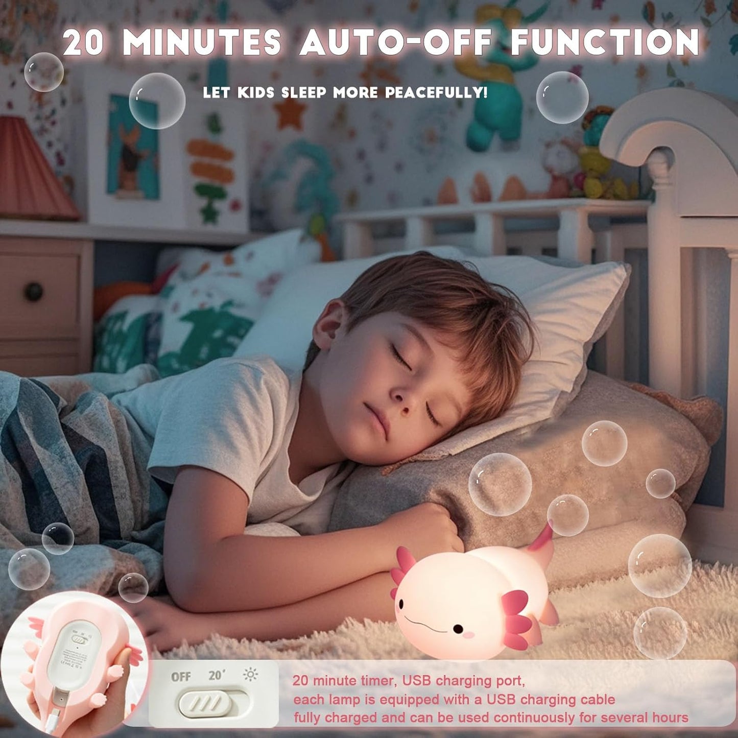 HAPPYBAG Axolotl Night Light,Cute Axolotl lamp Gifts for Kids,Dimmable Silicone Animal Nursery