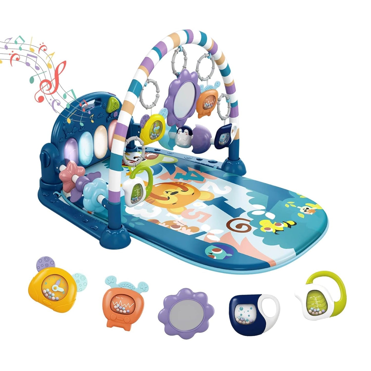 Dearlomum Baby Play Mat & Gym, Fun Piano Tummy Time Activity Mat with 5 Sensory Toys, Music &