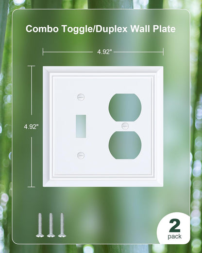 2-Pack Combo Toggle/Duplex Light Switch Cover Plate, Pure White Outlet Cover Plate, Natural Bamboo