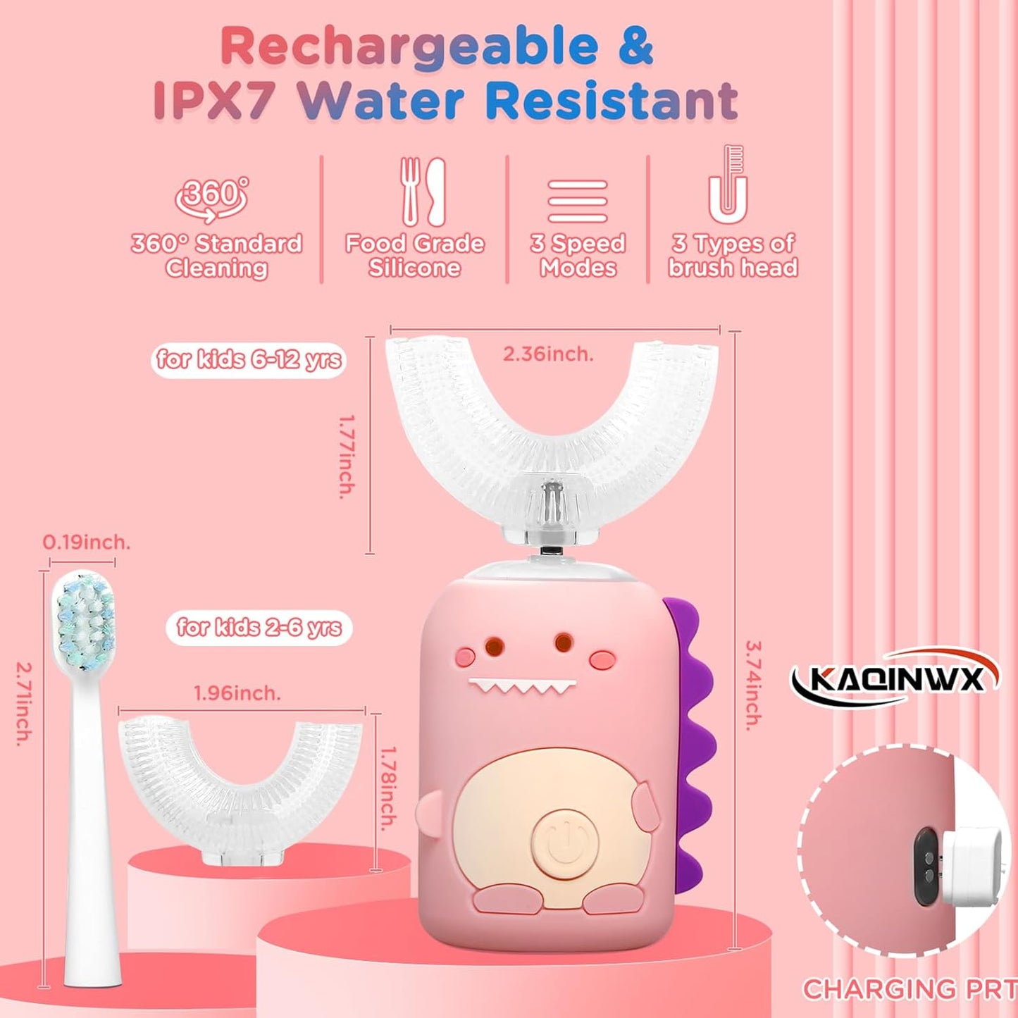 Kids U Shaped Electric Toothbrush for Age 2-12, Rechargeable Toddler Toothbrush with Smart Timer &
