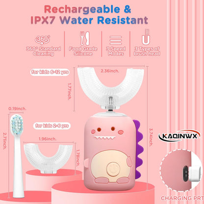 Kids U Shaped Electric Toothbrush for Age 2-12, Rechargeable Toddler Toothbrush with Smart Timer &
