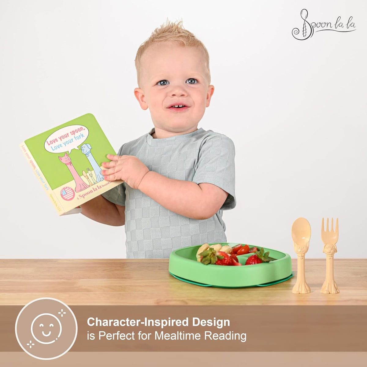 Made in USA Spoon la la Toddler Utensils Set (2 Pack) & Board Book - Spoon & Fork for Kids