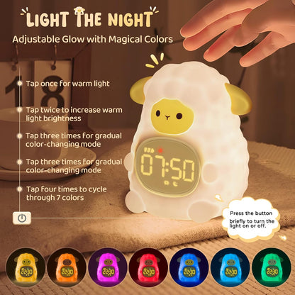 Sheep Alarm Clock with Night Light for Kids with Sleep Training and Sound Machine, Rechargeable