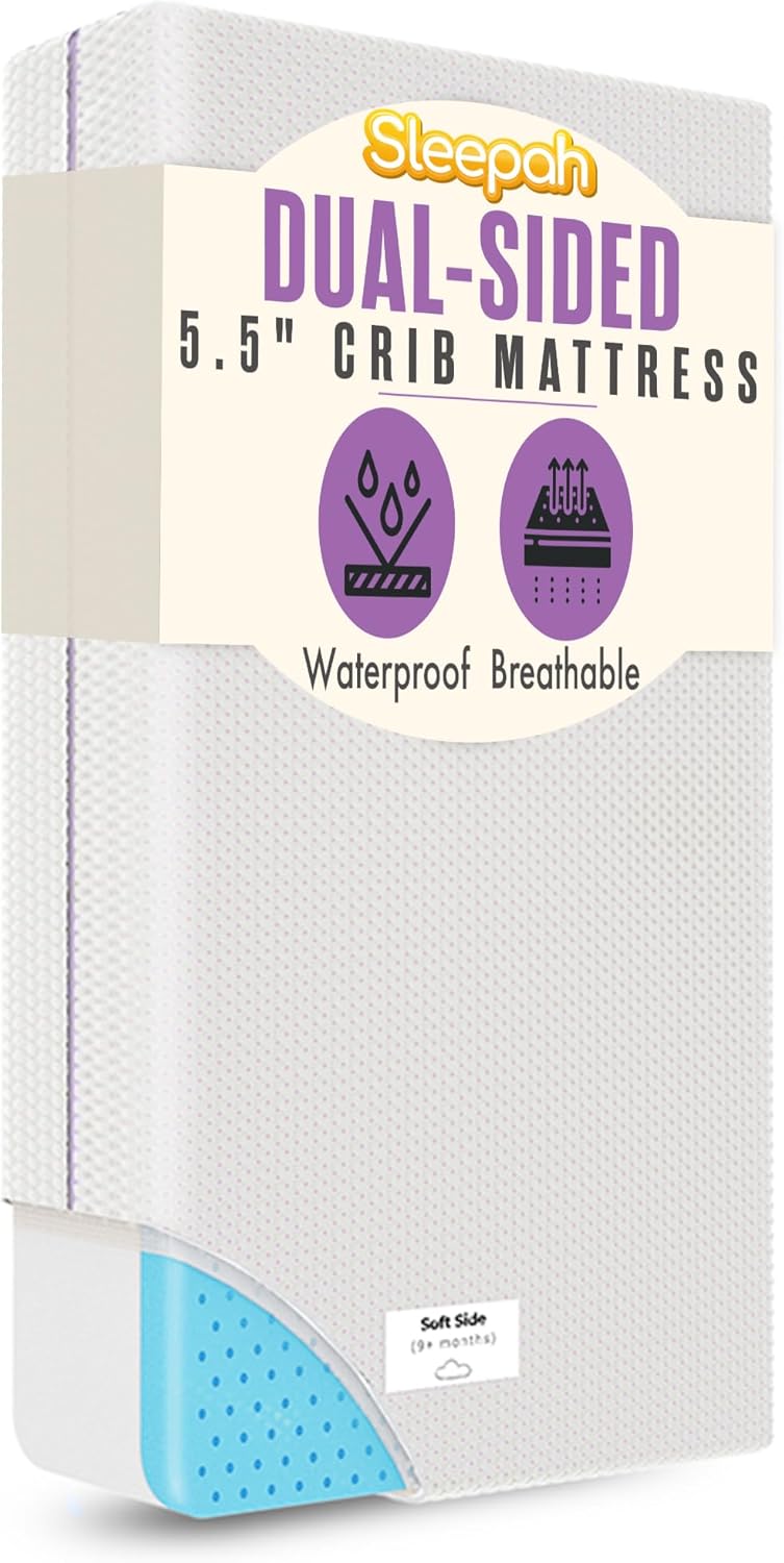 Sleepah 5.5” Crib & Toddler Bed Mattress Dual Sided Cooling Memory Foam – Waterproof Washable
