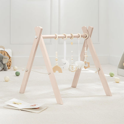 Comfy Cubs Wooden Baby Play Gym - Natural Finish Pinewood Baby Activity Gym with 5 Sensory Hanging