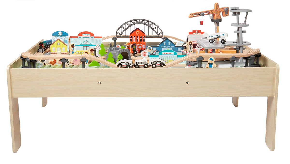 Amazon Basics 120 Piece Wooden Train Set with Activity Table, Sturdy Tracks, Storage Bin, Easy to