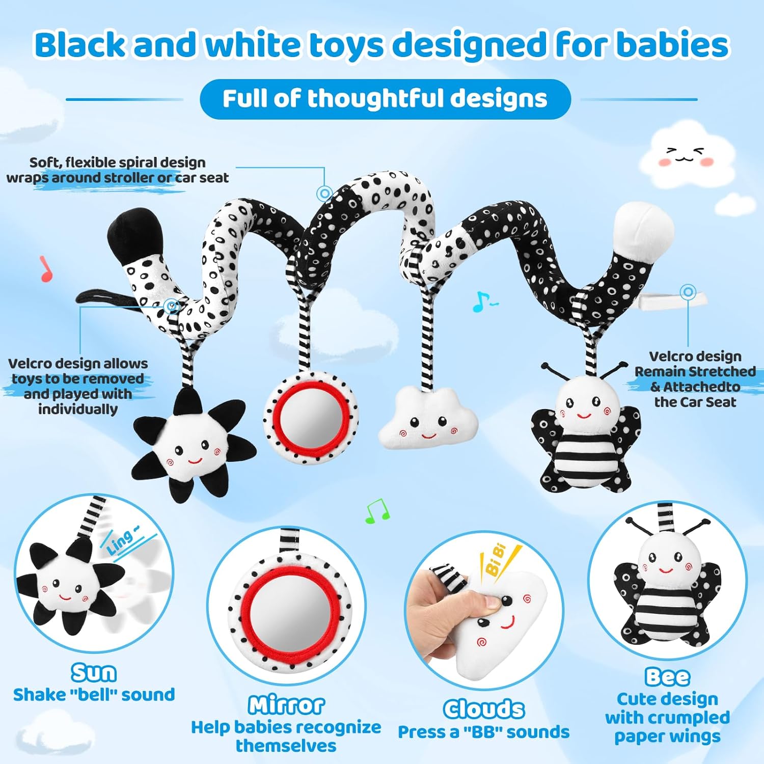 Car Seat Toys Hanging and Stroller Toys for Babies 0-6 Months，High Contrast Baby Toys for Newborn 0