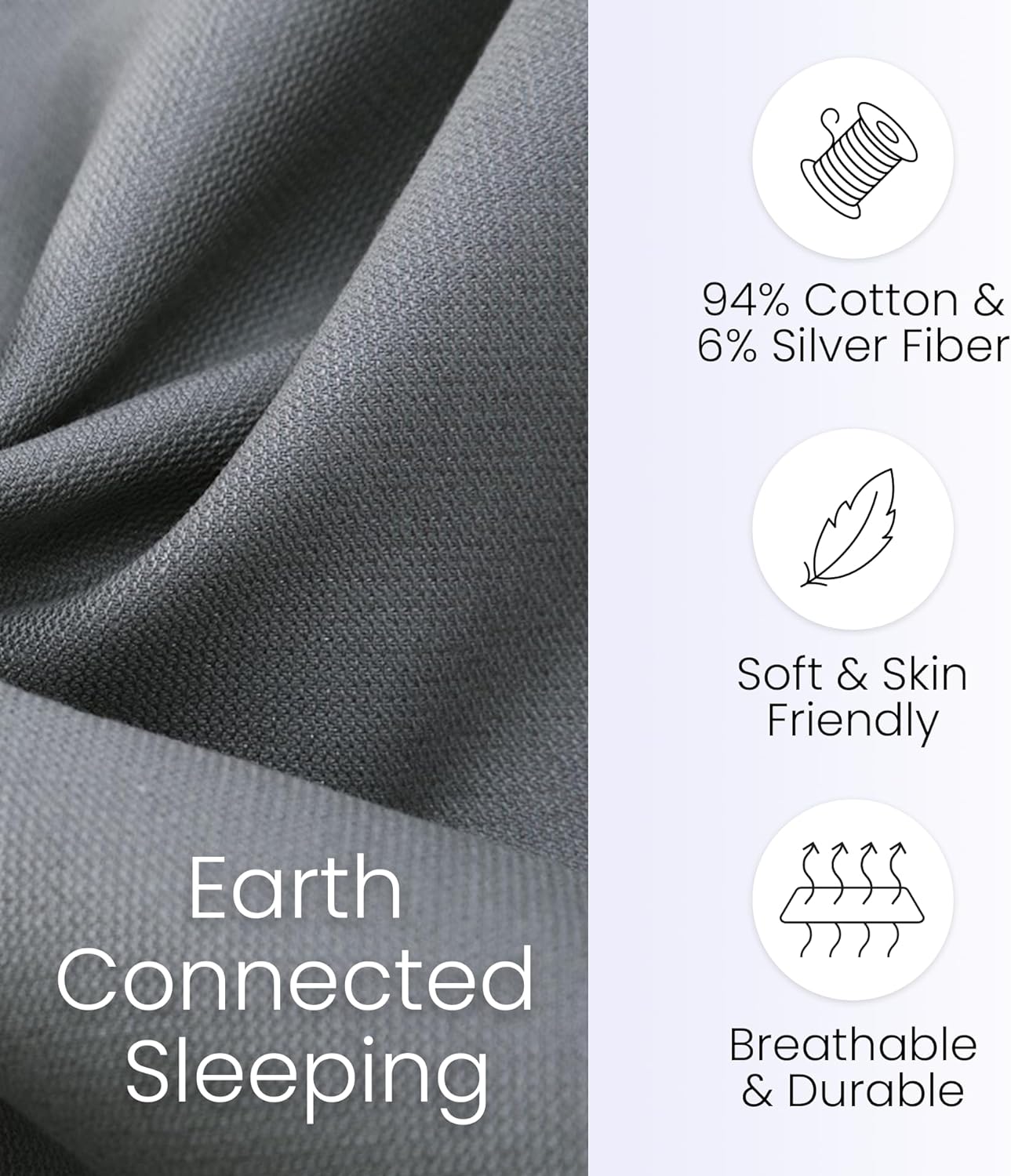 Grounding Sheets, Queen Size, 94% Organic Cotton, 6% Conductive Silver, Fitted, 60"x80"x15", Gray