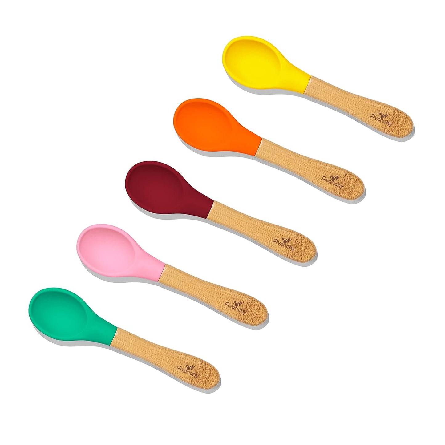 Avanchy Baby Spoons 5 Bamboo and Silicone Set, Self Feeding Food Utensils, 4 Months Baby Led