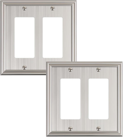 2-Pack Decorative Double Decorator Outlet Cover Plate, Durable Zinc Alloy Brushed Nickel Wall