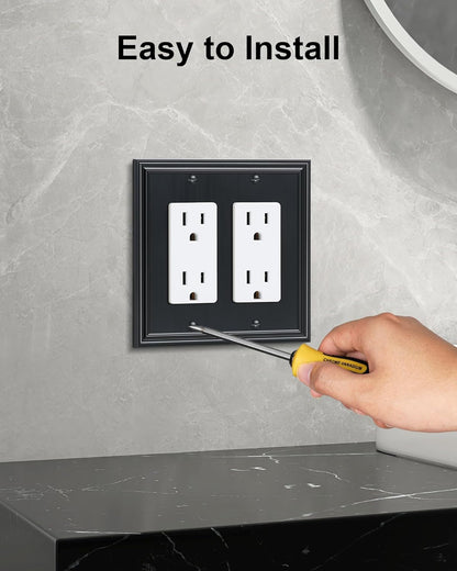 2-Pack Decorative Double Decorator Outlet Cover Plate, Durable Zinc Alloy Black Wall Plates for