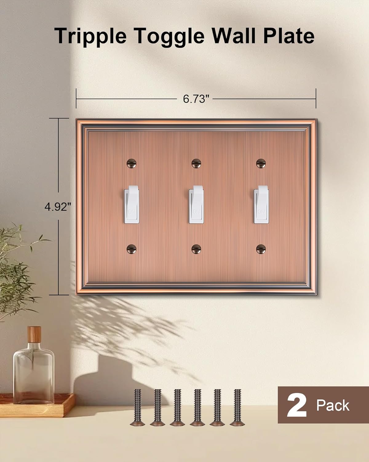 2-Pack Triple Toggle Light Switch Cover Plate, Durable Solid Zinc Alloy Decorative Switch Plate