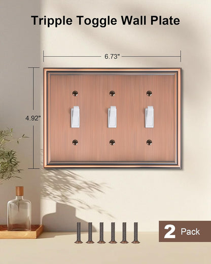 2-Pack Triple Toggle Light Switch Cover Plate, Durable Solid Zinc Alloy Decorative Switch Plate