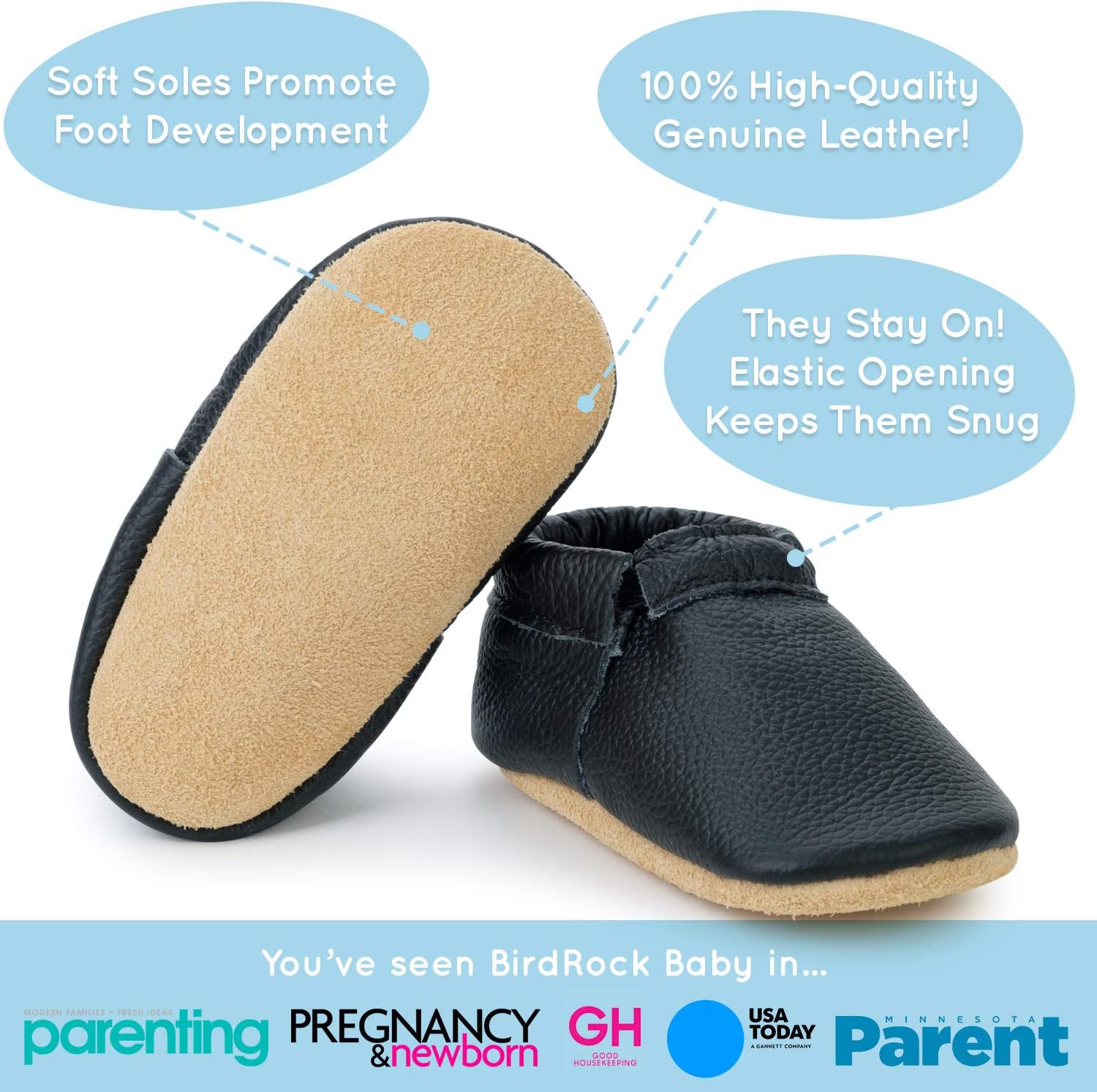 BirdRock Baby Fringeless Moccasins - Genuine Leather Boys and Girls Shoes for Newborns, Infants