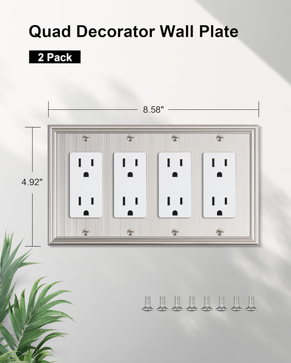 2-Pack Quad Decorator Outlet Cover Plate, Zinc Alloy Brushed Nickel Switch Plates and Outlet