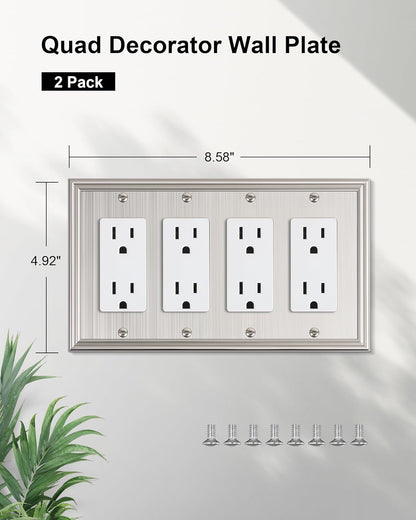 2-Pack Quad Decorator Outlet Cover Plate, Zinc Alloy Brushed Nickel Switch Plates and Outlet