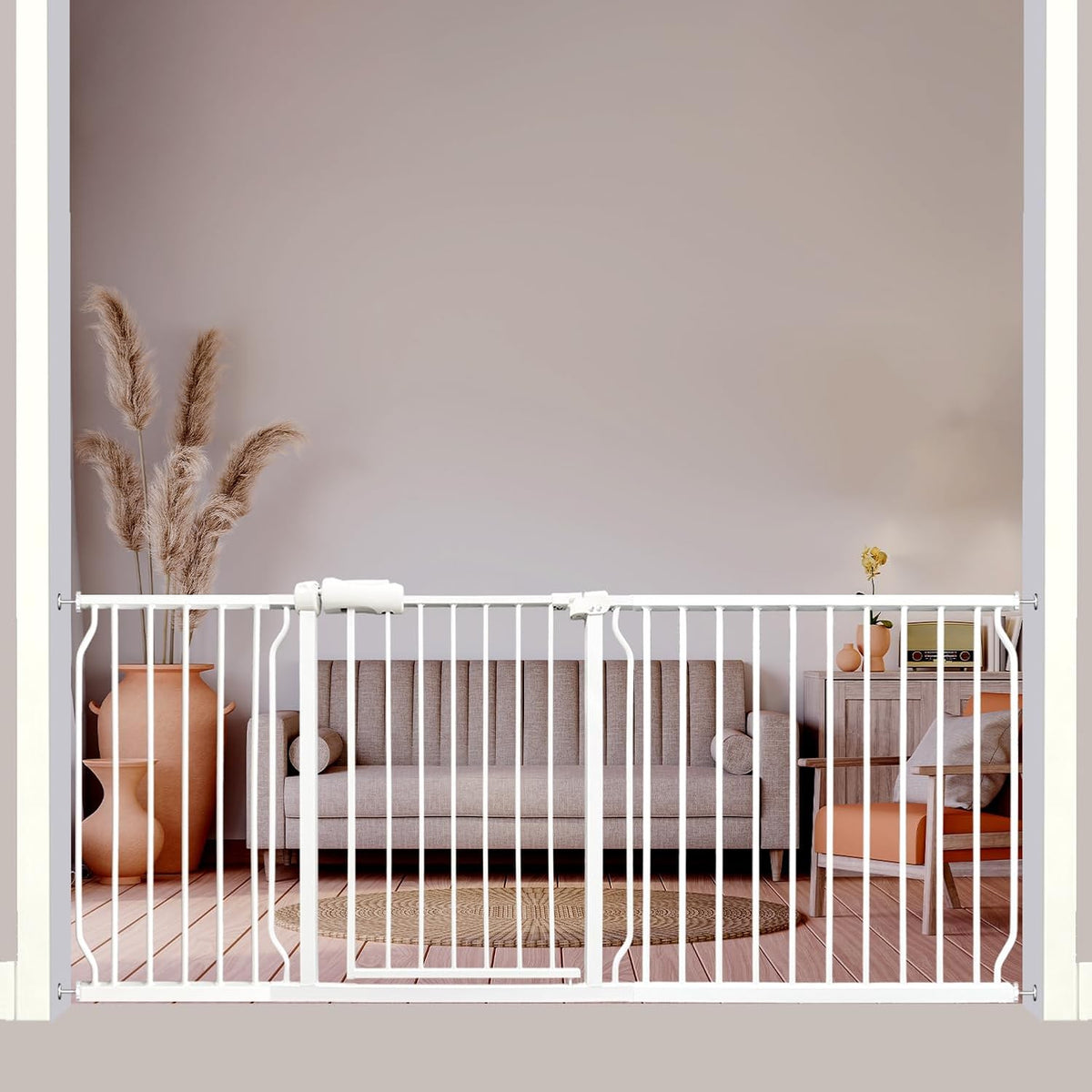 Extra Wide Baby Gates - 71.6-76.4 Inch, Heavy Duty Baby & Pet Safety Gate, White Metal, Tension