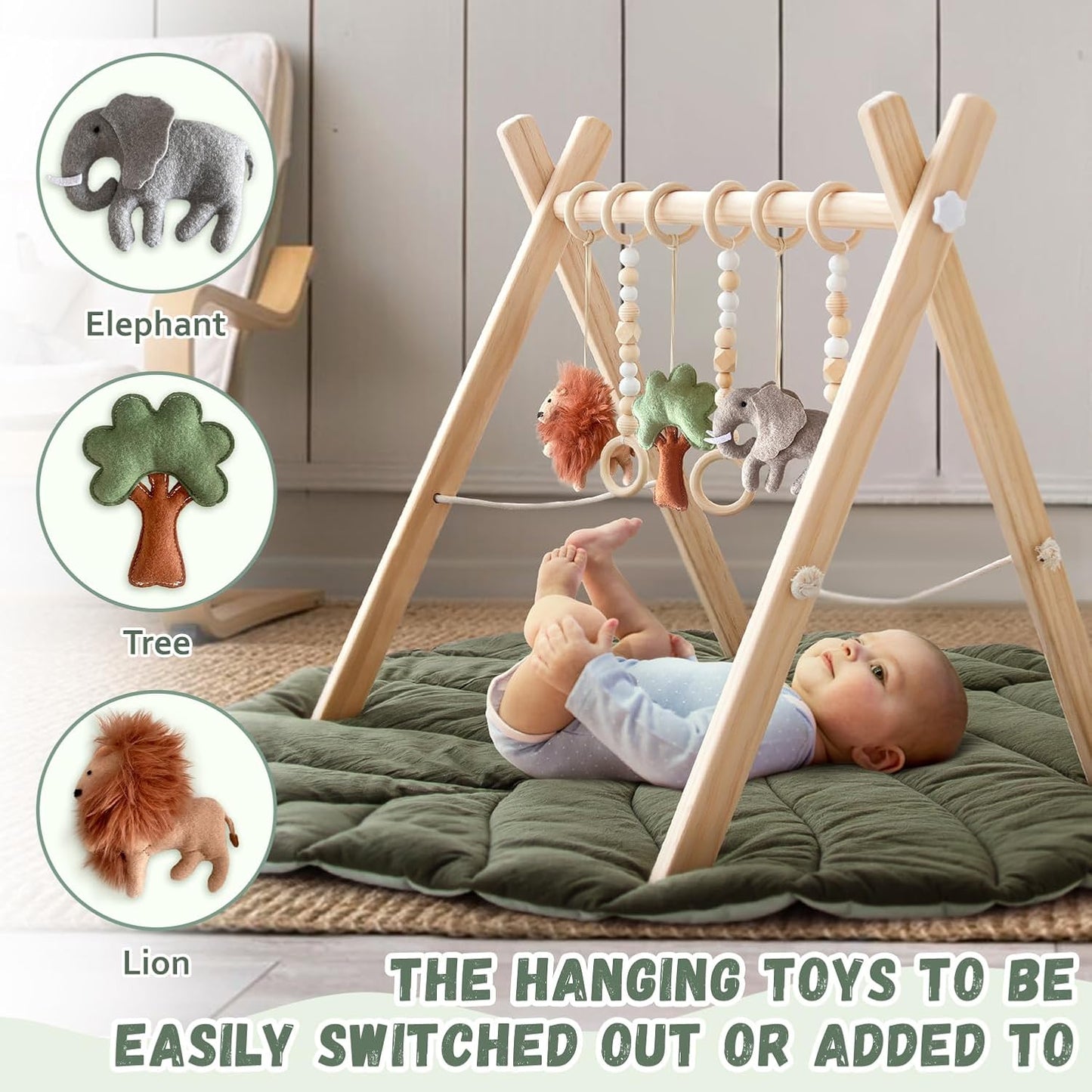 Razee Wooden Baby Play Gym Activity Mat, Leaf Shaped Play Mat Baby Gym with 6 Hanging Sensory Toys