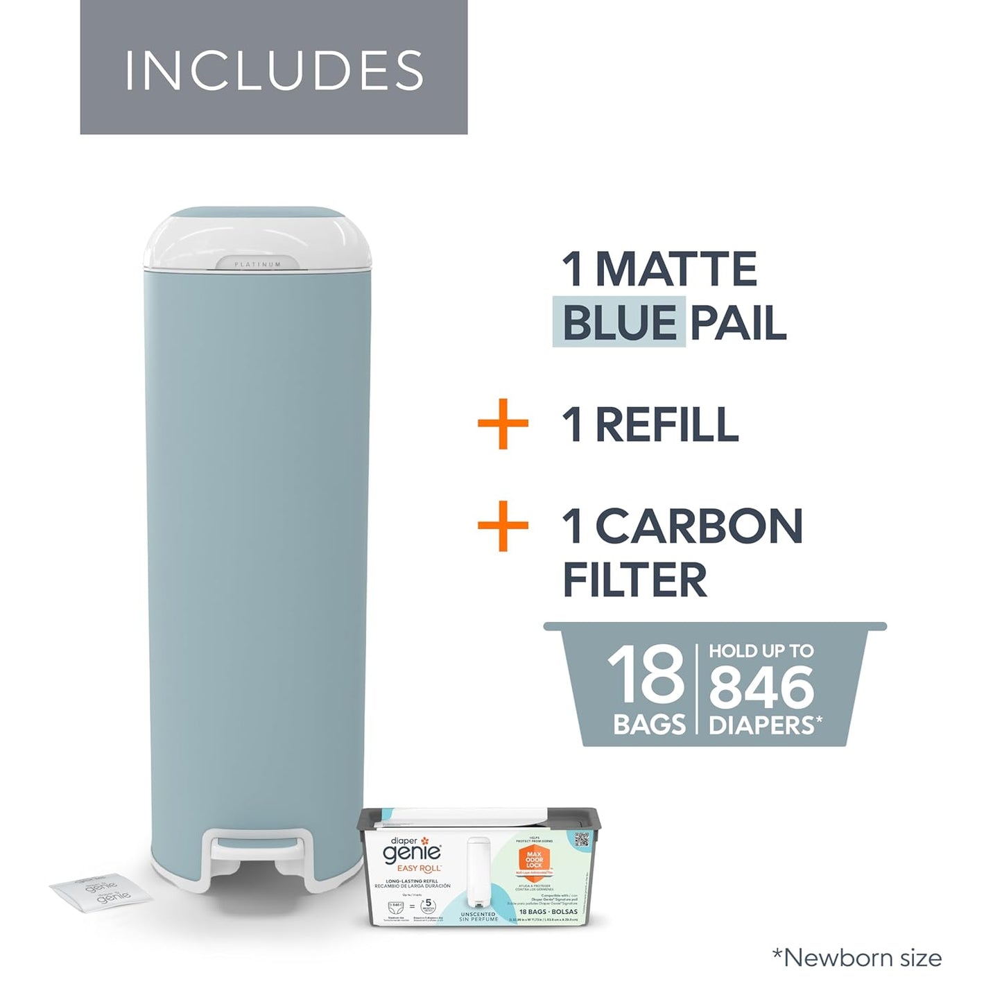 Diaper Genie Platinum Pail (Glacial Blue) is Made in Durable Stainless Steel and Includes 1 Easy