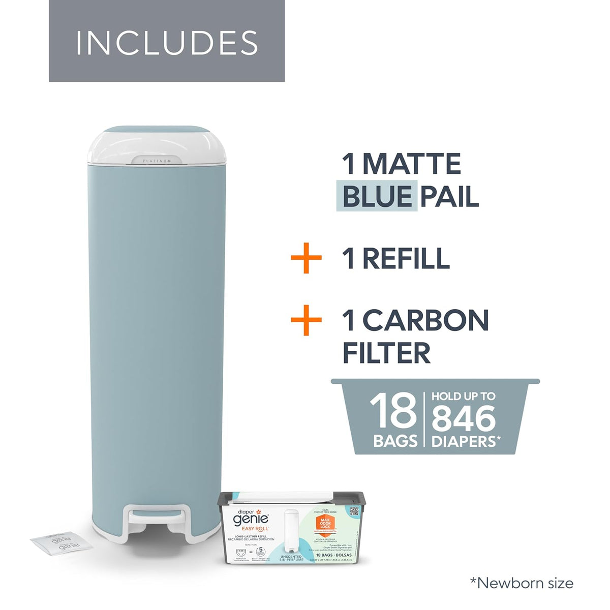 Diaper Genie Platinum Pail (Glacial Blue) is Made in Durable Stainless Steel and Includes 1 Easy