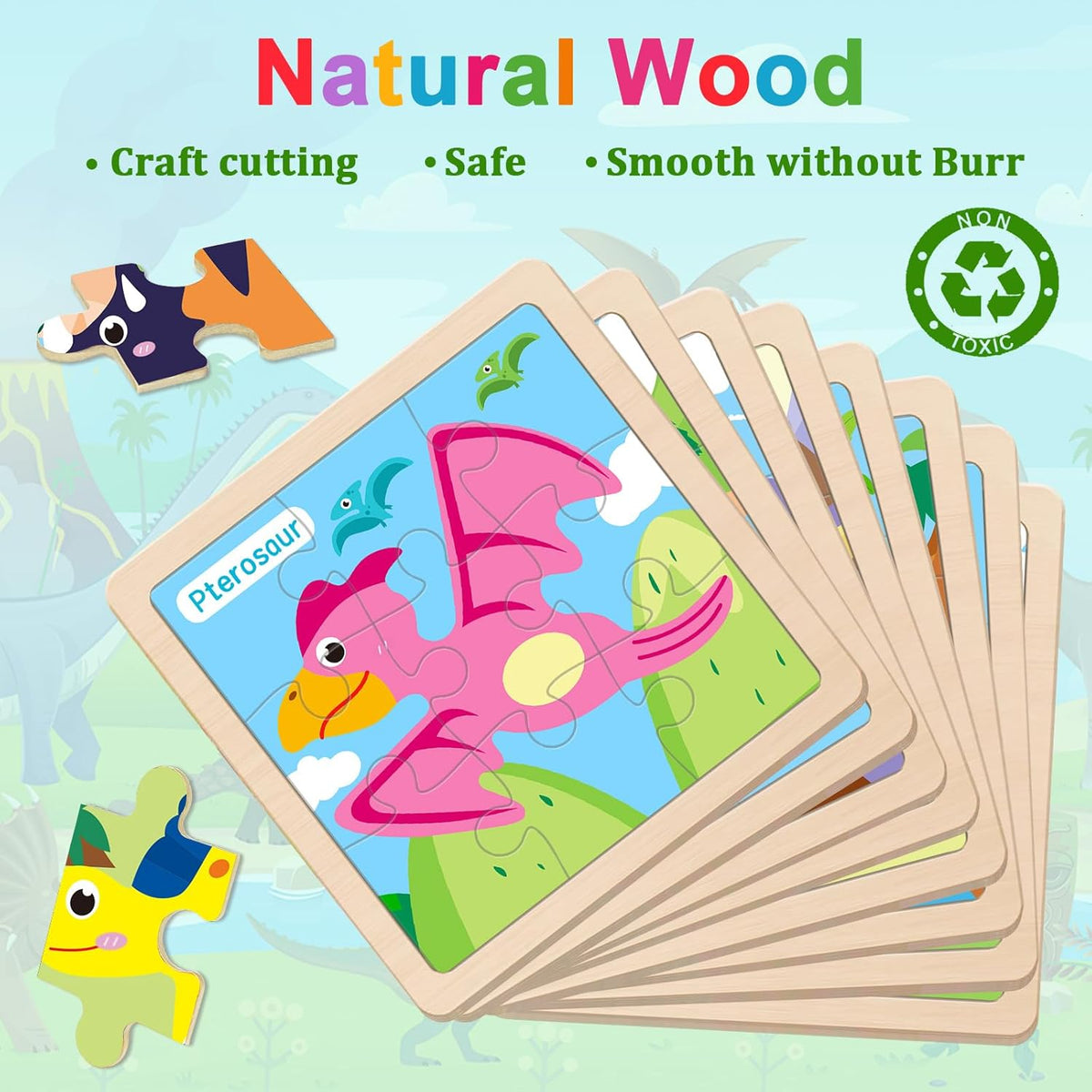 Wooden Puzzles for Toddlers 2-4, 9 Pieces Dinosaur Jigsaw Puzzles for Kids Ages 3-5, Preschool