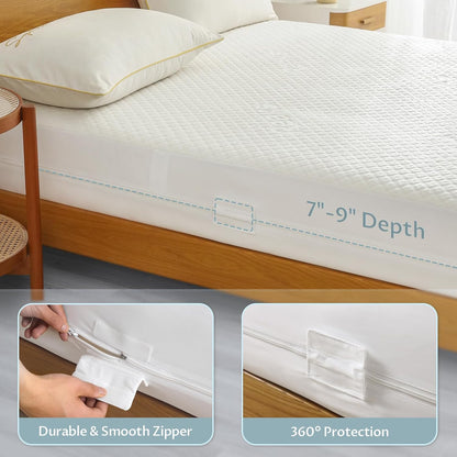 Queen Size Mattress Protector with Zipper - 100% Waterproof Zippered Mattress Cover - Soft &
