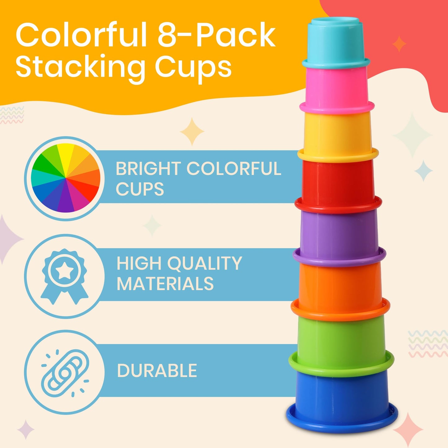 Stacking Cups Baby Toy Educational Cup Stacking Set 8-Pc Rainbow Stackable Cups | Nesting Cups for