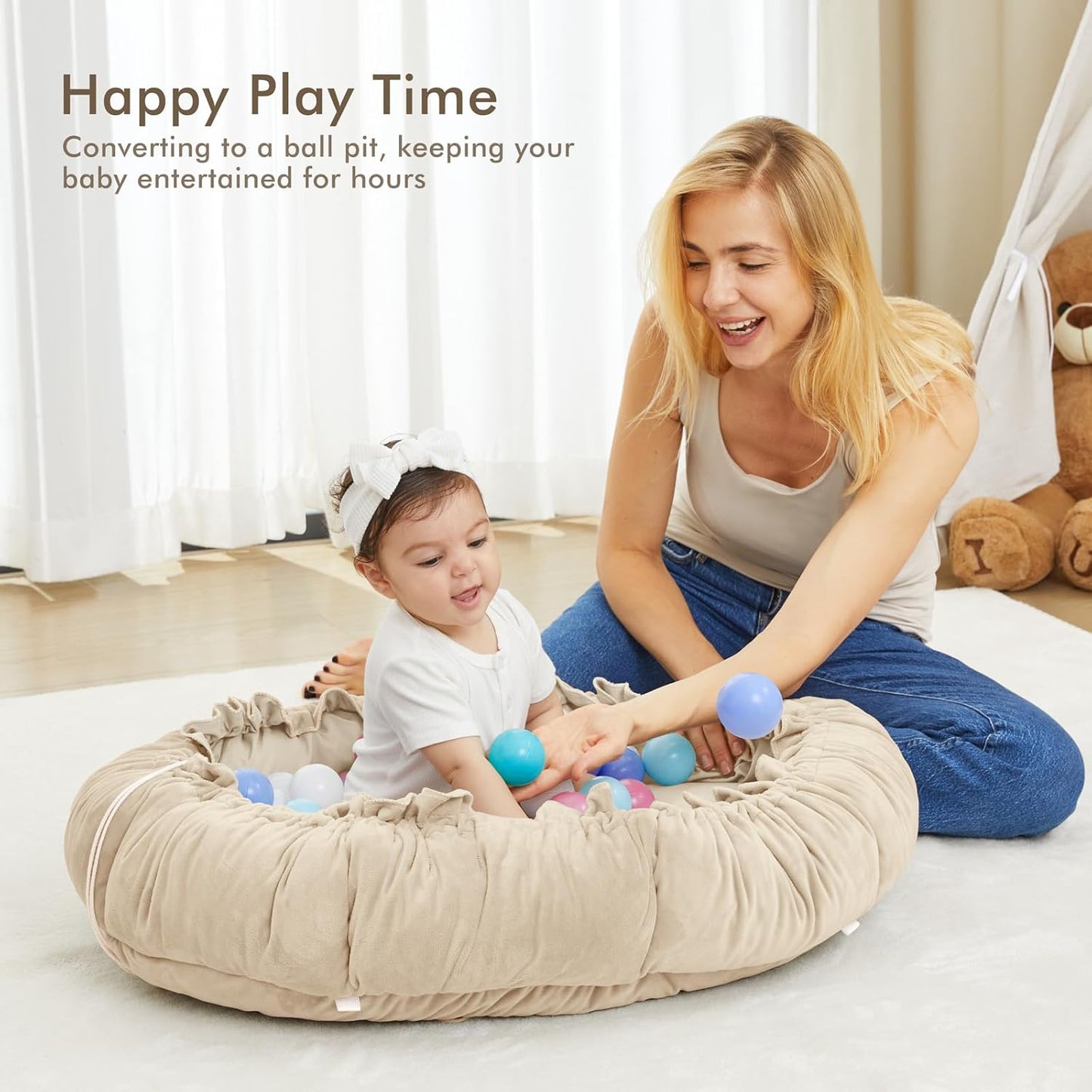 ANGELBLISS 5 in 1 Baby Play Gym Mat, Reversible Tummy Time Mat with 5 Sensory Toys for Stage-Based
