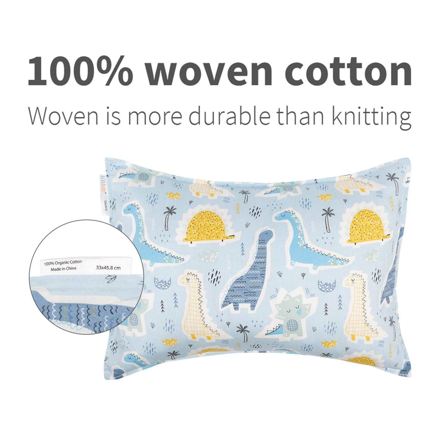 ALVABABY Toddler Pillowcases, Fits 14x19 in Kids Pillow, 2 Pack Organic Cotton Baby Pillow Cover