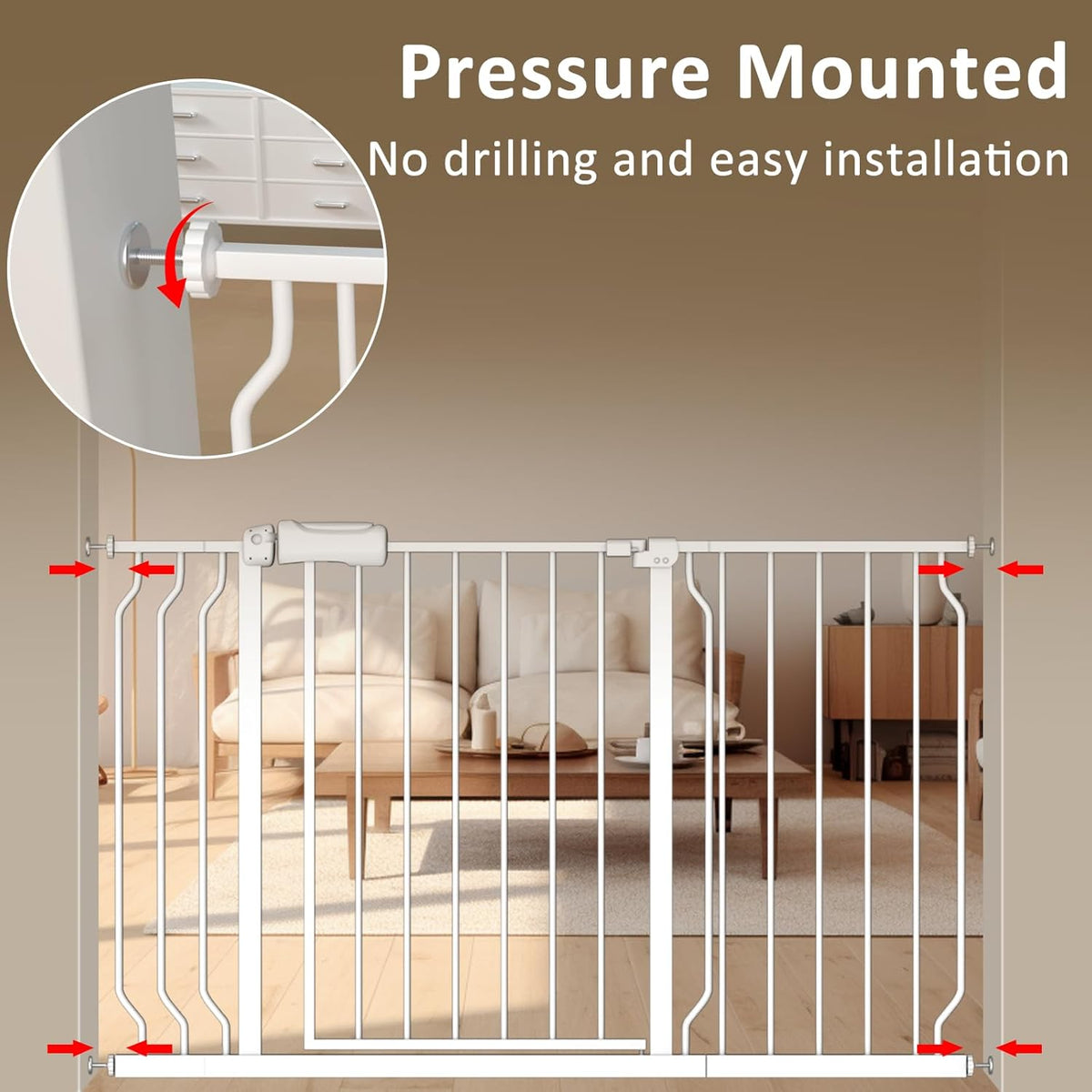 ALLAIBB Extra Wide Baby Gate Pressure Mount with Auto-Close, White Metal Safety Gate for Stairs &