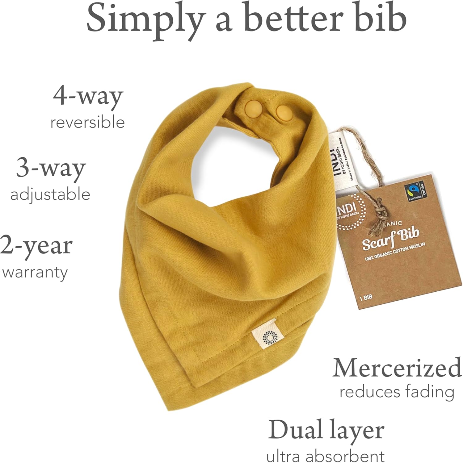 Kishu Baby Indi Organic Baby Bandana Bibs – Fairtrade 4-Way Reversible Drool Bibs for Boys & Girls