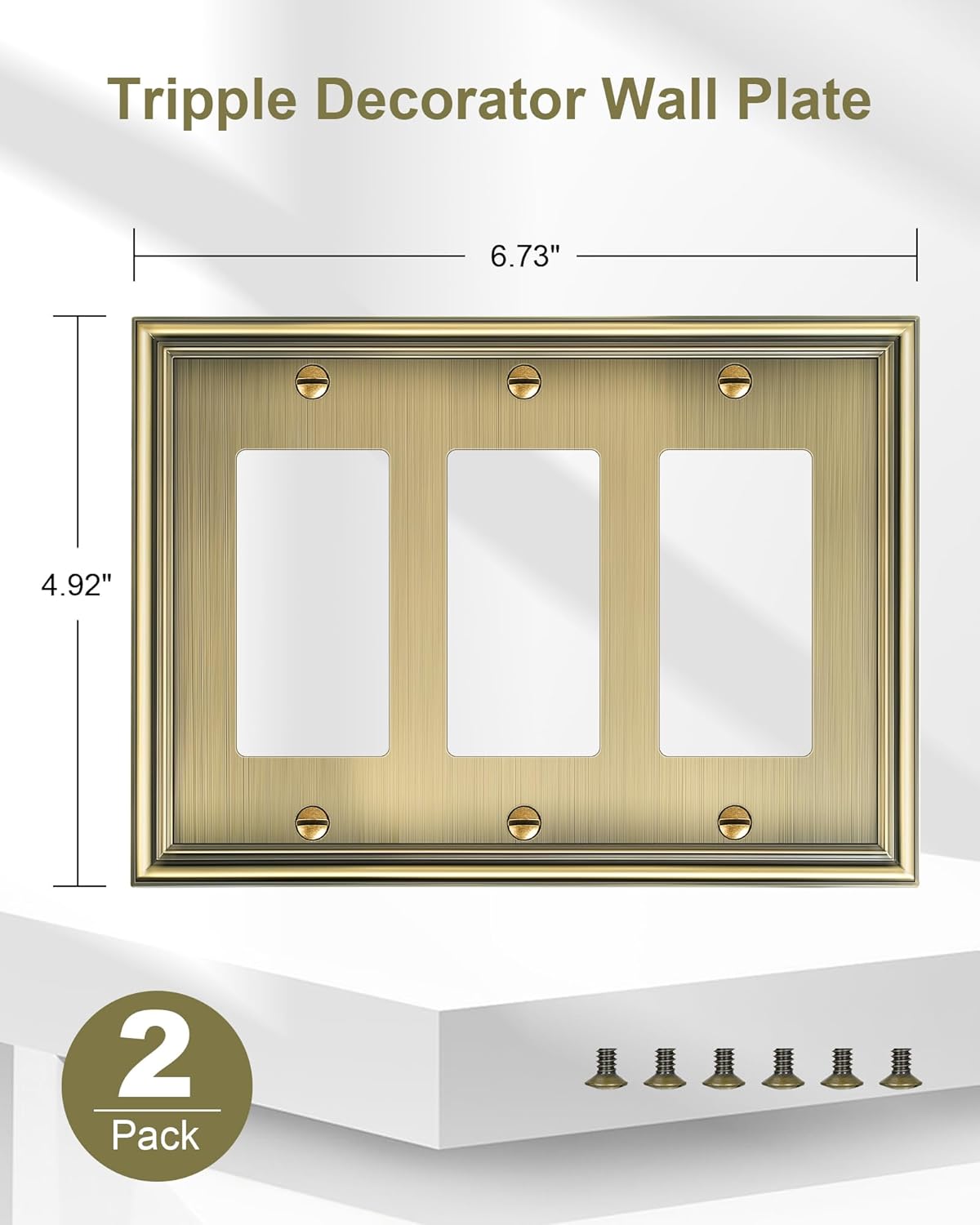 2-Pack Decorative Tripple Decorator Outlet Cover Plate, Durable Zinc Alloy Antique Brass Wall Plate