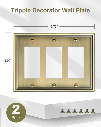 2-Pack Decorative Tripple Decorator Outlet Cover Plate, Durable Zinc Alloy Antique Brass Wall Plate