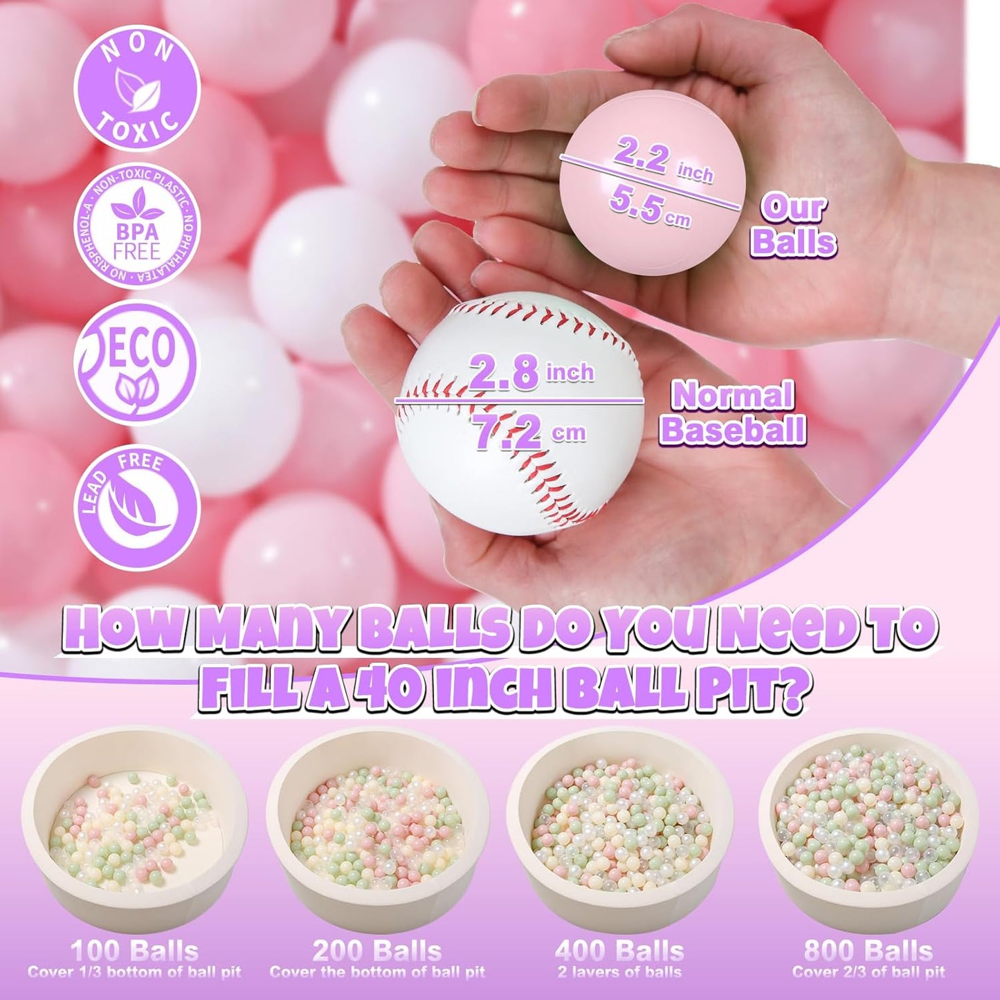 GOGOSO Ball Pit Balls 100 PCS for Toddles, Kids Plastic Balls for Ball Pit, Pool, Pink Party