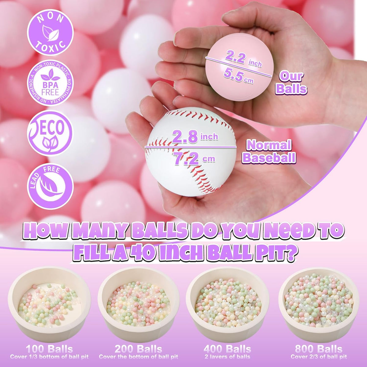 GOGOSO Ball Pit Balls 100 PCS for Toddles, Kids Plastic Balls for Ball Pit, Pool, Pink Party