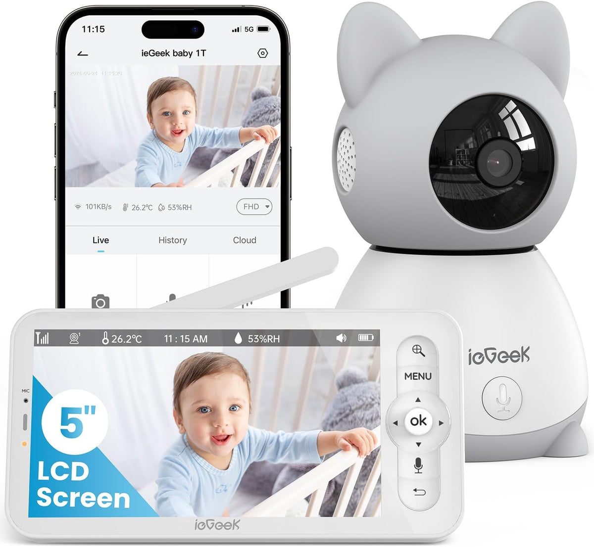 ieGeek Baby Monitor with Camera and Audio - 2K Video Monitor with 5" Screen - Night Vision, Two-Way