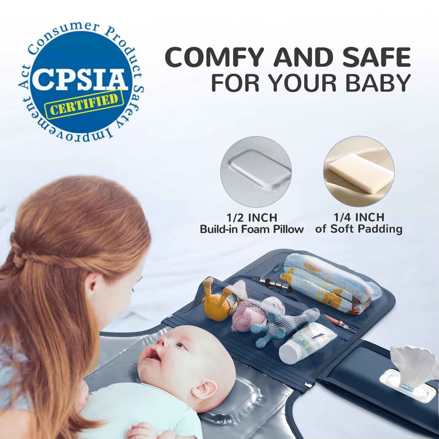 Portable Diaper Changing Pad with Shoulder Strap, Detachable Travel Changing Pad with Baby Wipes