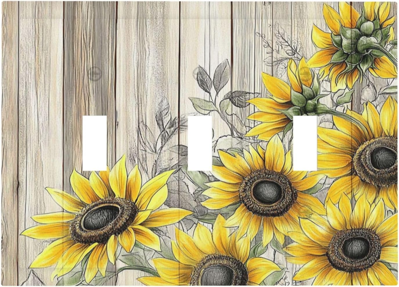 Decorative Switch Plates Floral Sunflower Rustic Flower Vintage Wood 3 Gang Wall Plate Triple