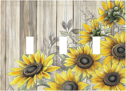 Decorative Switch Plates Floral Sunflower Rustic Flower Vintage Wood 3 Gang Wall Plate Triple