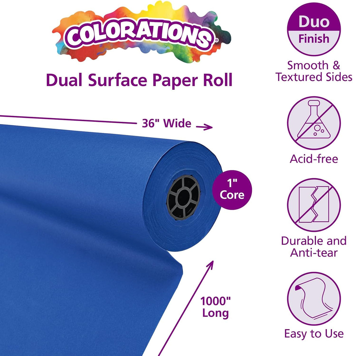 Colorations Arts and Crafts Paper Roll - 36" x 1000', Royal Blue, Dual Surface, Markers, Finger