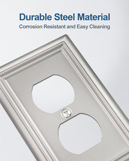6-Pack Duplex Wall Plate, Decorative Satin Nickel Outlet Cover, Metal Wall Plates for Electrical