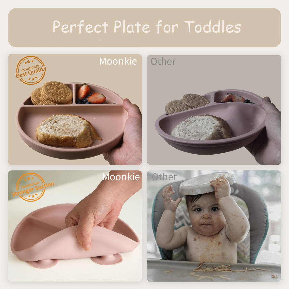 Moonkie Suction Plates for Baby | 100% Silicone BPA-Free Baby Plates with Lids and Food Cover |