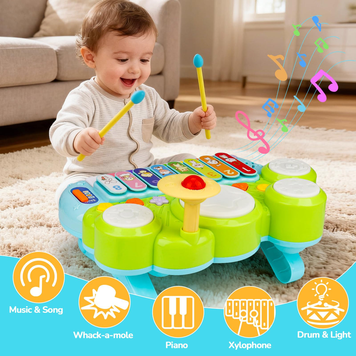 Baby Piano Drum Set for Toddlers, 3-in-1 Baby DJ Table Musical Toys Piano Keyboard Xylophone Drum