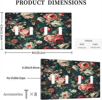 Light Switch Covers Baroque Vintage Peony Flower Floral Quad Toggle Electrical Faceplate 4 Gang