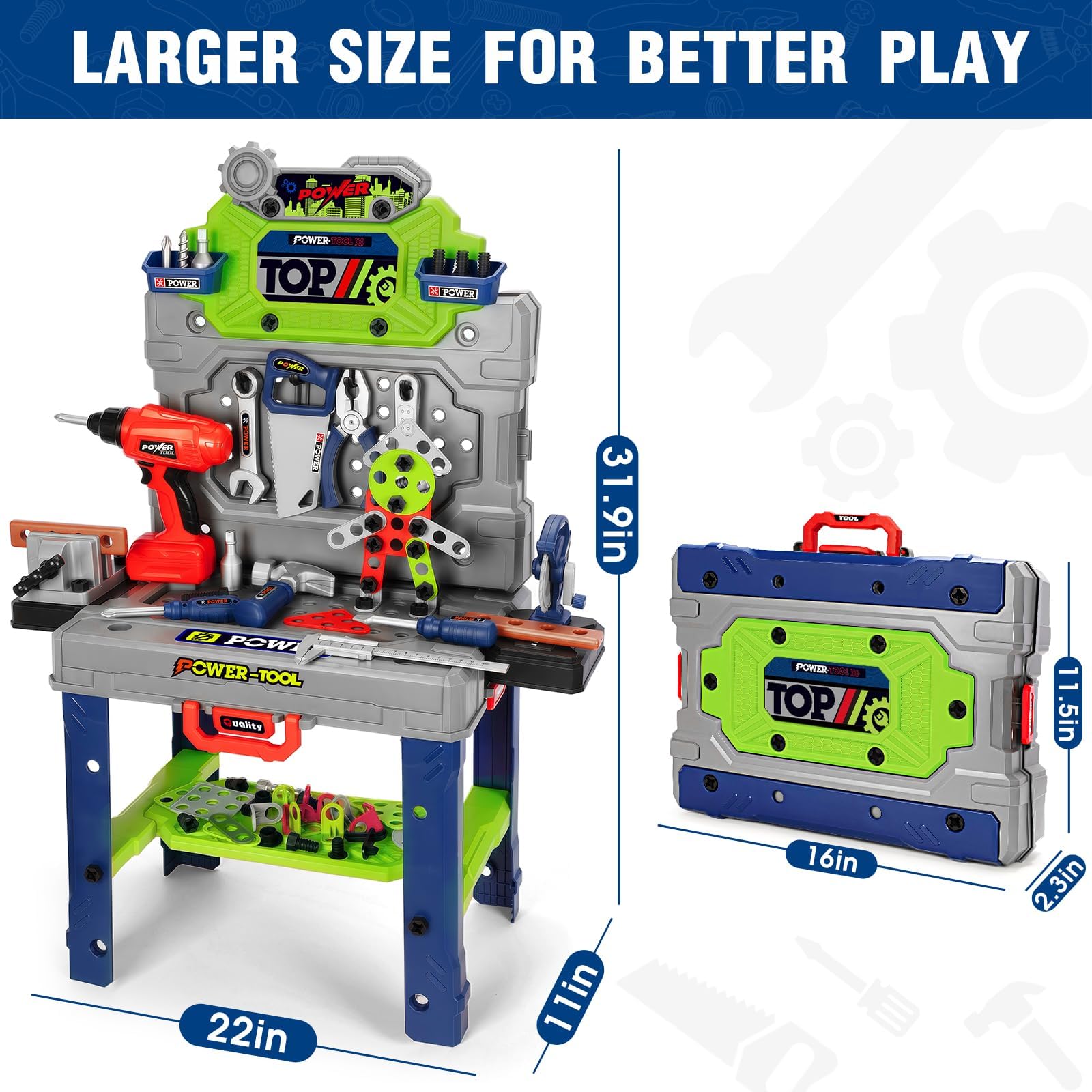 Kids Tool Bench Set with Electric Drill and Realistic Tools, Construction Workbench Playset Toy for